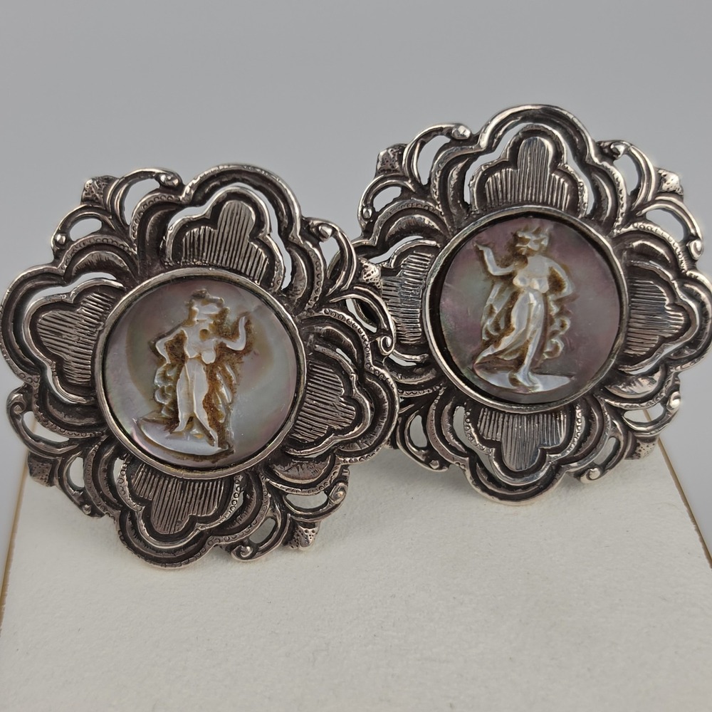 Stephen Dweck Sterling Silver Carved MOP Figural Cameo Clip On Earrings 925